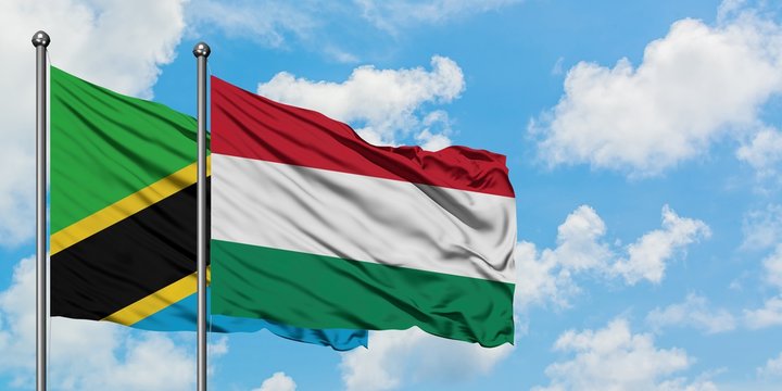 Tanzania and Hungary flag waving in the wind against white cloudy blue sky together. Diplomacy concept, international relations.