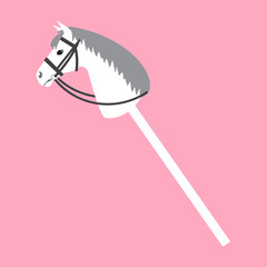 Vector white flat cartoon riding hobby horse toy isolated on pink background