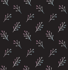 Vector seamless pattern of holographic hand drawn doodle tree branches isolated on black background. Winter Christmas illustration