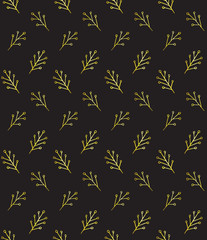 Vector seamless pattern of golden glitter Christmas winter floral leaves and branches silhouette isolated on black background