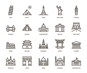 International, Landmarks and Monuments ,  Monoline concept The icons were created on a 48x48 pixel aligned, perfect grid providing a clean and crisp appearance. Adjustable stroke weight. 