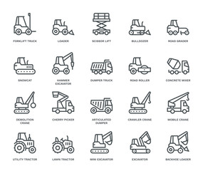 Industrial Vehicles Icons,  Monoline concept The icons were created on a 48x48 pixel aligned, perfect grid providing a clean and crisp appearance. Adjustable stroke weight.  - 301284867