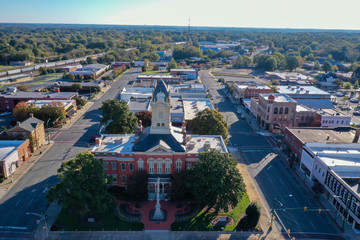 Aerial view of the old Court House in Monroe NC. Looking at the back of the building.
