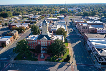 Aerial view of the old Court House in Monroe NC. Looking at the back of the build from the right...