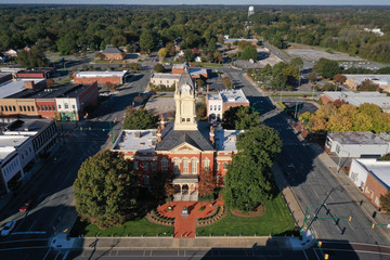 Aerial view of the old Court House in Monroe NC. Looking at the front of the build from the front.