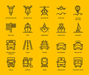 Transport Icons, oncoming view,  Monoline concept The icons were created on a 48x48 pixel aligned, perfect grid providing a clean and crisp appearance. Adjustable stroke weight. 