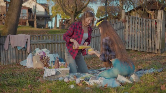 Romantic couple of cheerful girls tasting juice on fall picnic in beautiful countryside. Happy young woman pouring fresh juice into cup treating her girlfreind on a date outdoors.