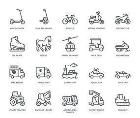 Transport Icons, side view,  Monoline concept The icons were created on a 48x48 pixel aligned, perfect grid providing a clean and crisp appearance. Adjustable stroke weight. 