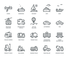 Transport Icons, side view,  Monoline concept The icons were created on a 48x48 pixel aligned, perfect grid providing a clean and crisp appearance. Adjustable stroke weight.  © blinkblink