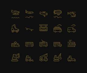 Transportation  Icons, side view,  Monoline concept The icons were created on a 48x48 pixel aligned, perfect grid providing a clean and crisp appearance. Adjustable stroke weight. 