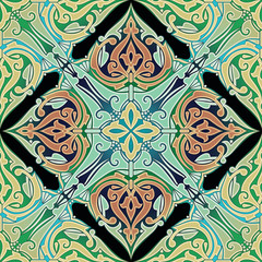 Arabesque floral design in green, brown and yellow colors