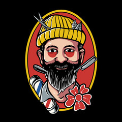 traditonal tattoo design of barber man wearing beanie hat. Barber man with scissors and barber shop elements. Barber's portrait vector illustration.