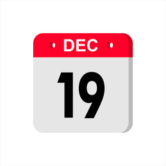 December 19 - Calendar Icon. Calendar Icon with shadow. Flat style. Date, day and month. Reminder. Vector illustration. Organizer application, app symbol. Ui. User interface sign.