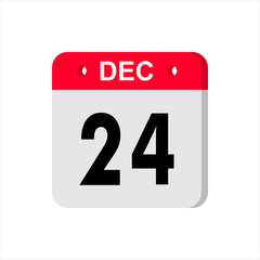 December 24 - Calendar Icon. Calendar Icon with shadow. Flat style. Date, day and month. Reminder. Vector illustration. Organizer application, app symbol. Ui. User interface sign.