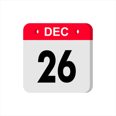 December 26 - Calendar Icon. Calendar Icon with shadow. Flat style. Date, day and month. Reminder. Vector illustration. Organizer application, app symbol. Ui. User interface sign.