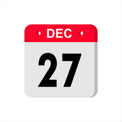 December 27 - Calendar Icon. Calendar Icon with shadow. Flat style. Date, day and month. Reminder. Vector illustration. Organizer application, app symbol. Ui. User interface sign.