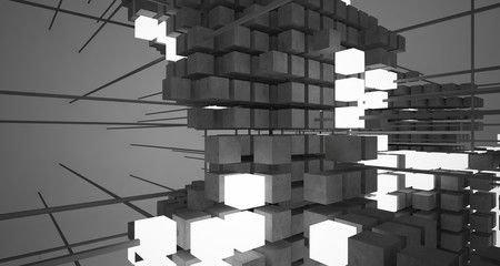 Abstract architectural white interior  from an array of concrete cubes  with neon lighting. 3D illustration and rendering.