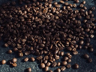 로스팅된 커피콩과 낙엽 