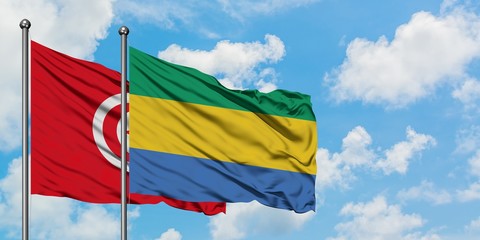 Tunisia and Gabon flag waving in the wind against white cloudy blue sky together. Diplomacy concept, international relations.