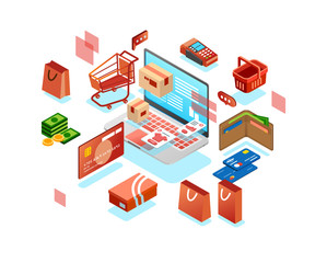 isometric 3D icon of online shopping system with laptop, wallet, trolley, money, card and other online shopping illustration vector