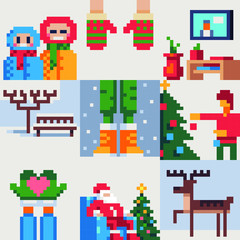 Christmas and New Year illustration set, winter holidays greeting cards with New Year tree, reindeer, mittens, Santa, vector illustration.  Element design for app, web, sticker. 