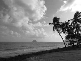 Beautiful black and white image of Caribbean beach. Spectacular view of the 
