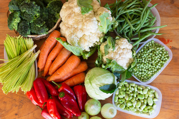 Fresh organic vegetables on the wooden table - Local market fresh vegetable, garden produce