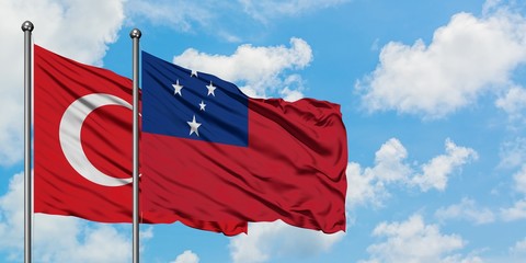 Turkey and Samoa flag waving in the wind against white cloudy blue sky together. Diplomacy concept,...