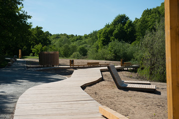 Wooden footpaths in the park on a summer day.