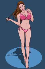 Beautiful girl Swimming suit beach fashion bikini summer Illustration vector On pop art comics style Abstract colorful background - obrazy, fototapety, plakaty