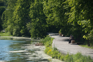 Lake in the park on a summer day with trees in the background.