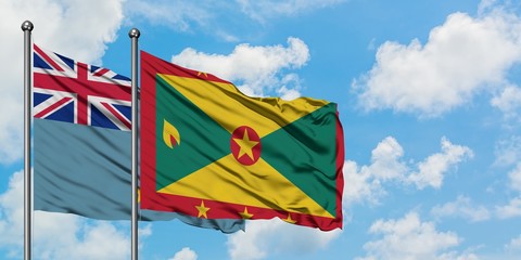 Tuvalu and Grenada flag waving in the wind against white cloudy blue sky together. Diplomacy...