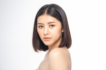 Beautiful Young Asian Woman short hair  with Clean Fresh Skin. Face care, Facial treatment, Cosmetology, beauty and healthy skin and cosmetic ideas concept.
