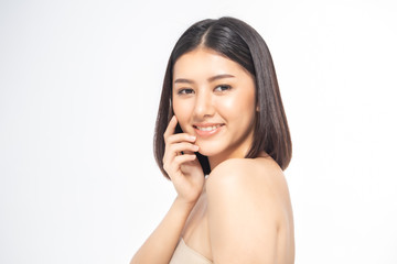 Beautiful Young Asian Woman short hair  with Clean Fresh Skin. Face care, Facial treatment, Cosmetology, beauty and healthy skin and cosmetic ideas concept.