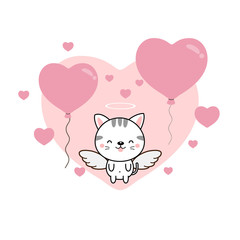  Happy Valentine's day greeting card. Cute  cat angel with heart balloons. 