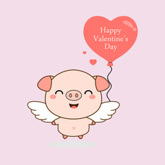 Cartoon vector illustration of cute pig  angel with heart balloons. 