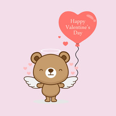 Fototapeta na wymiar Cartoon vector illustration of cute bear angel with heart balloons. 