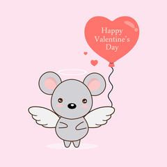 Cartoon vector illustration of cute mouse angel with heart balloons. 