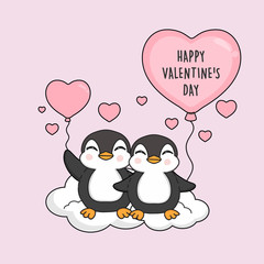 Happy Valentine's day card. Cute cartoon penguins with heart balloon