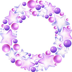 Christmas watercolor wreath with balls, stars.