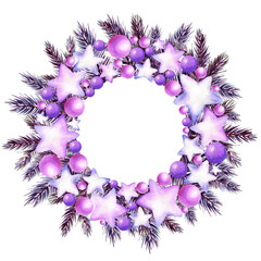 Christmas watercolor wreath with balls, stars and fir branches.