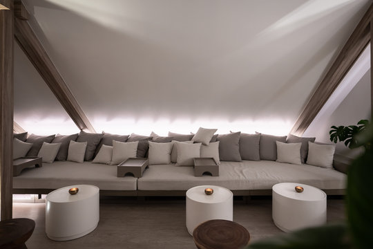 Stylish Lounge Seating Area Setting In Modern Style With Full Pillows