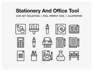 Stationery And Office Tool Icons Set. UI Pixel Perfect Well-crafted Vector Thin Line Icons. The illustrations are a vector.
