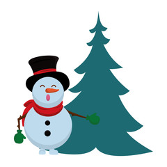 merry christmas snowman with pine tree