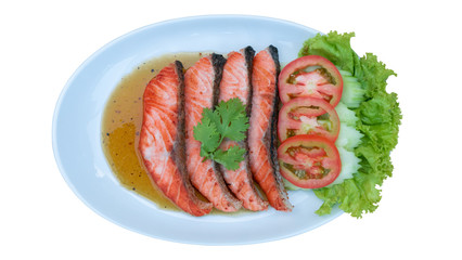Grill salmon eat with sauce over white backgorund - 301300619