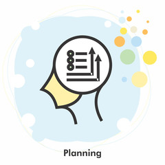Planning icon concept with arrow lines in the drawing of human brain isolated on light blue background, vector and illustration.