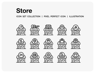 Store Icons Set. UI Pixel Perfect Well-crafted Vector Thin Line Icons. The illustrations are a vector.