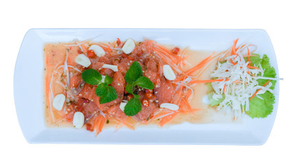 Spicy Thai style salmon salad over white background - 301300638