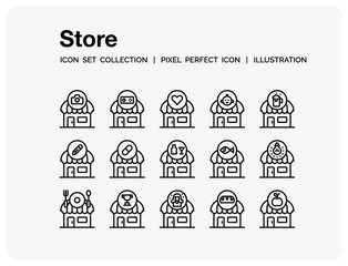 Naklejka premium Store Icons Set. UI Pixel Perfect Well-crafted Vector Thin Line Icons. The illustrations are a vector.