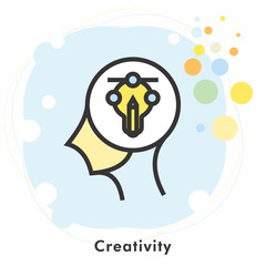 Creativity mind icon concept with light bulb in the drawing of human brain isolated on light blue background, vector and illustration.